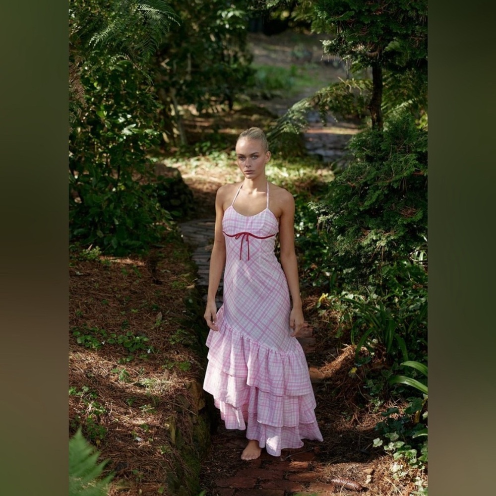 NWT Aston Studio ELOUISE DRESS IN BABY CHECK pink ruffle linen blend $615 US 8
